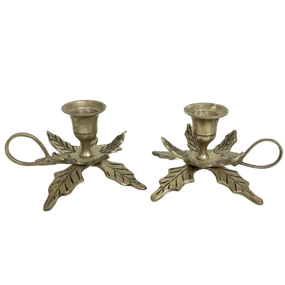 Holly Leaf Taper Candle Holders With Handle Cast Metal Made In India - Picture 1 of 6